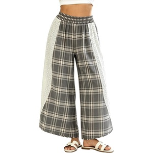 Tanming Womens Casual Plaid Checkered Lace Trim Palazzo Pants(Grey)