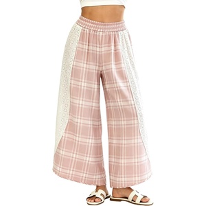 Tanming Womens Casual Plaid Checkered Lace Trim Palazzo Pants(Pink)