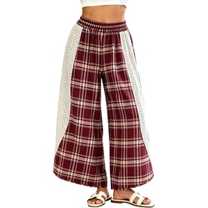 Tanming Womens Casual Plaid Checkered Lace Trim Palazzo Pants(Plum)
