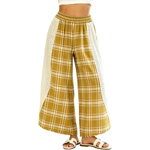 Tanming Womens Casual Plaid Checkered Lace Trim Palazzo Pants(Yellow)