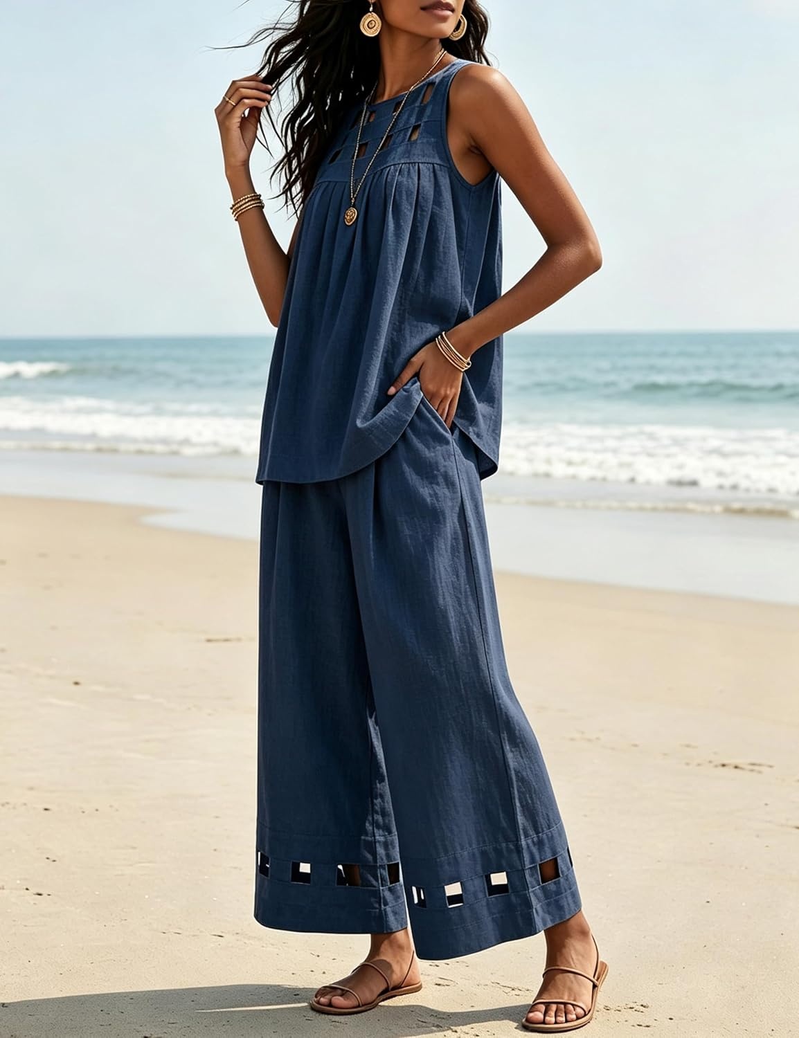 image:imageTanming Womens Casual Cutout Tank Tops Palazzo Pants Set Matching 2 Piece Set Sleeveless Tank Top Breathable Fabric Machine Washable Women Sets Trendy for Vacation DailywearNavy
