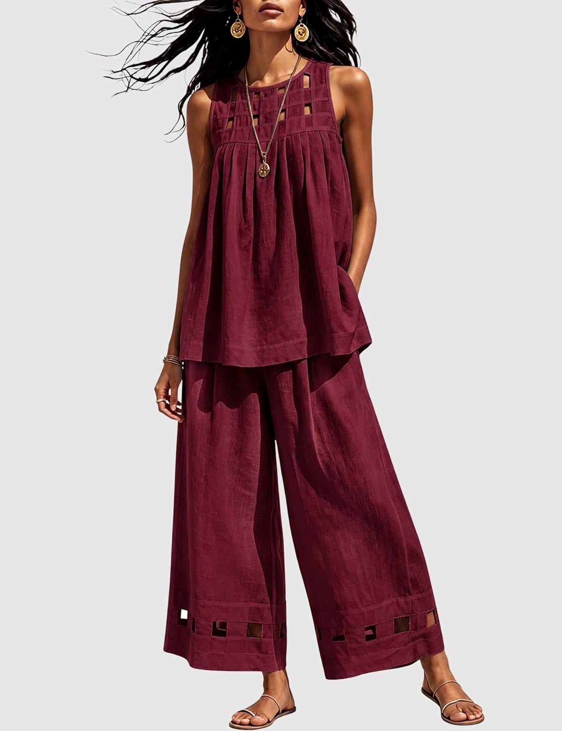 image:imageTanming Womens Casual Cutout Tank Tops Palazzo Pants Set Matching 2 Piece Set Sleeveless Tank Top Breathable Fabric Machine Washable Women Sets Trendy for Vacation DailywearWine