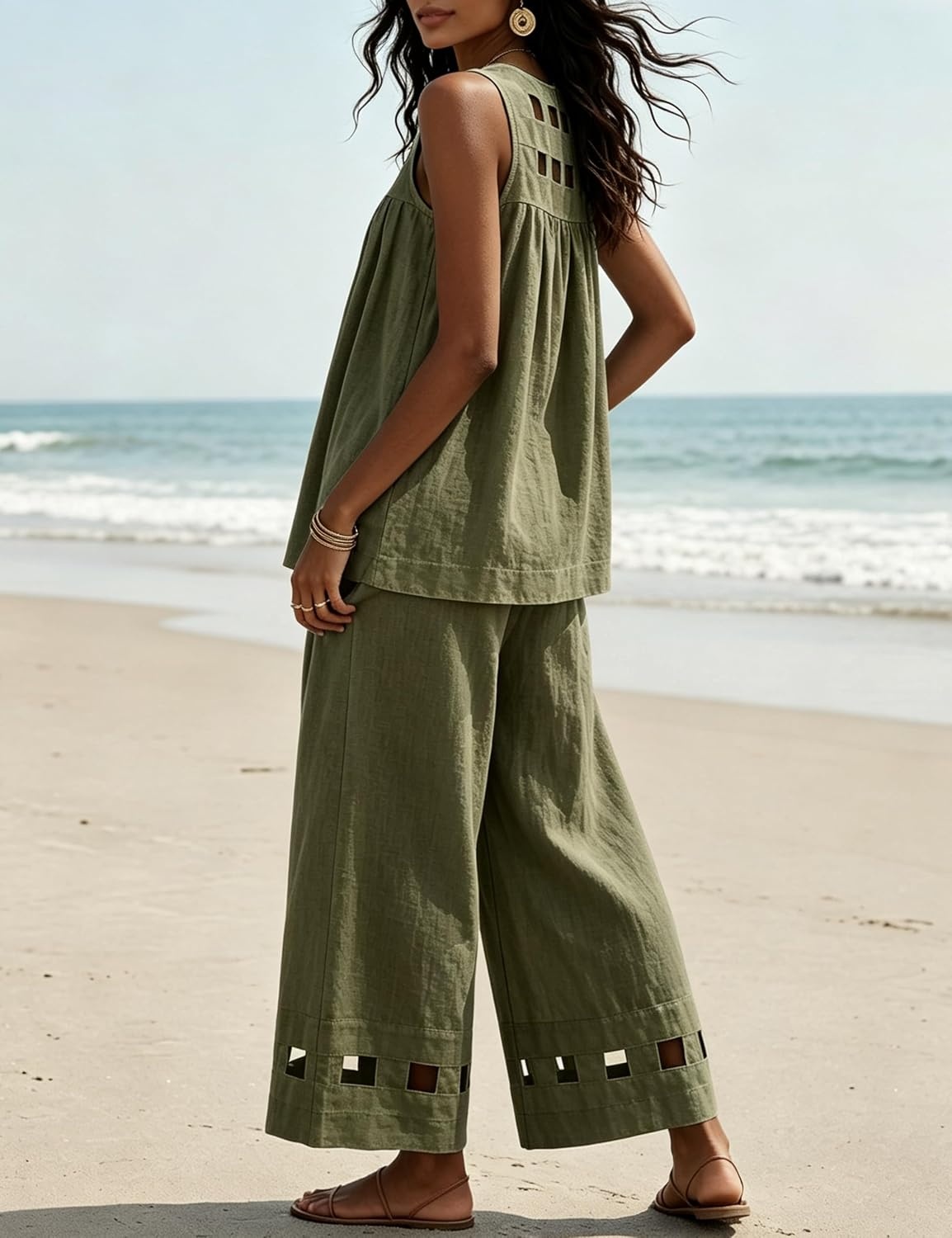 image:imageTanming Womens Casual Cutout Tank Tops Palazzo Pants Set Matching 2 Piece Set Sleeveless Tank Top Breathable Fabric Machine Washable Women Sets Trendy for Vacation DailywearArmygreen