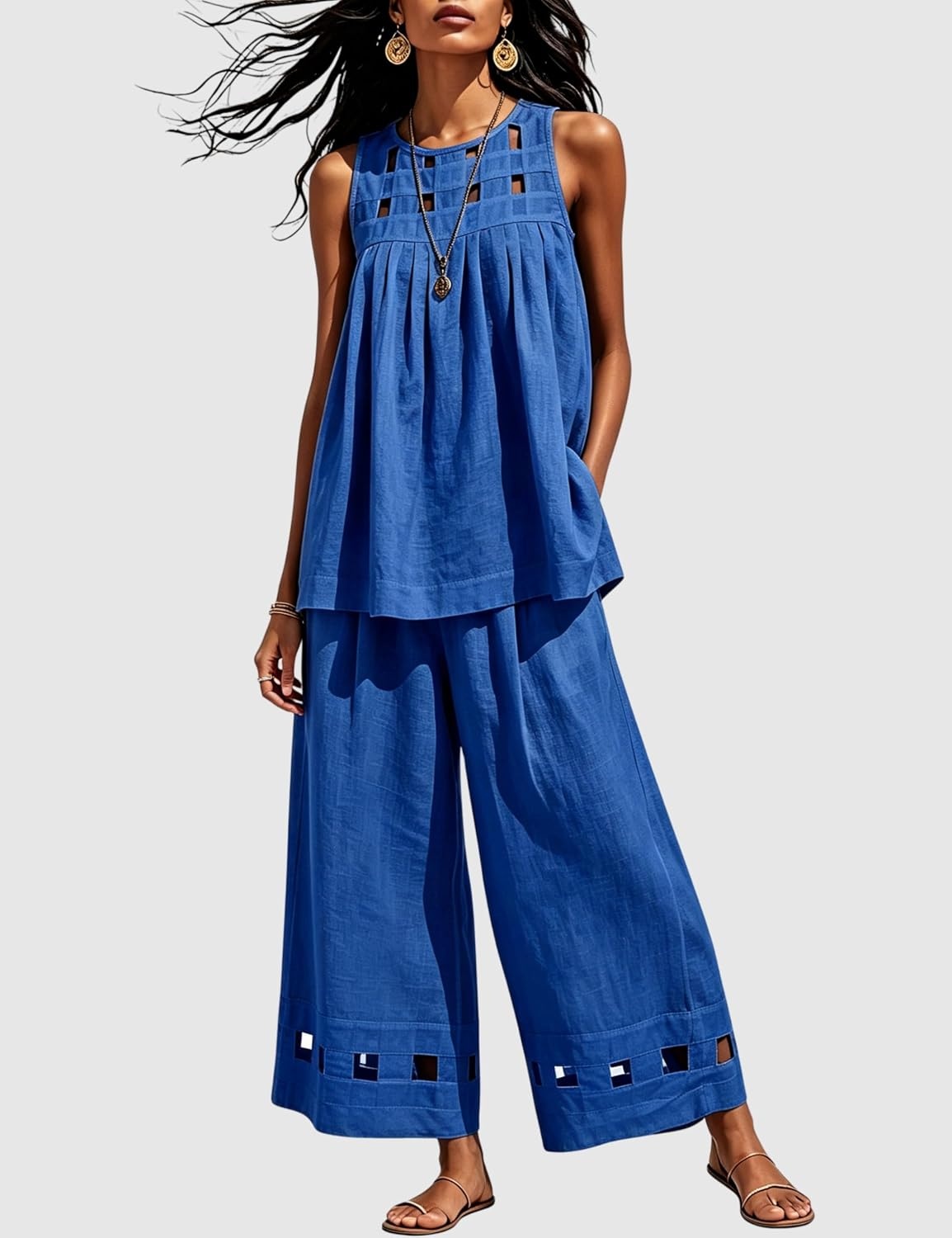 image:imageTanming Womens Casual Cutout Tank Tops Palazzo Pants Set Matching 2 Piece Set Sleeveless Tank Top Breathable Fabric Machine Washable Women Sets Trendy for Vacation DailywearCobalt