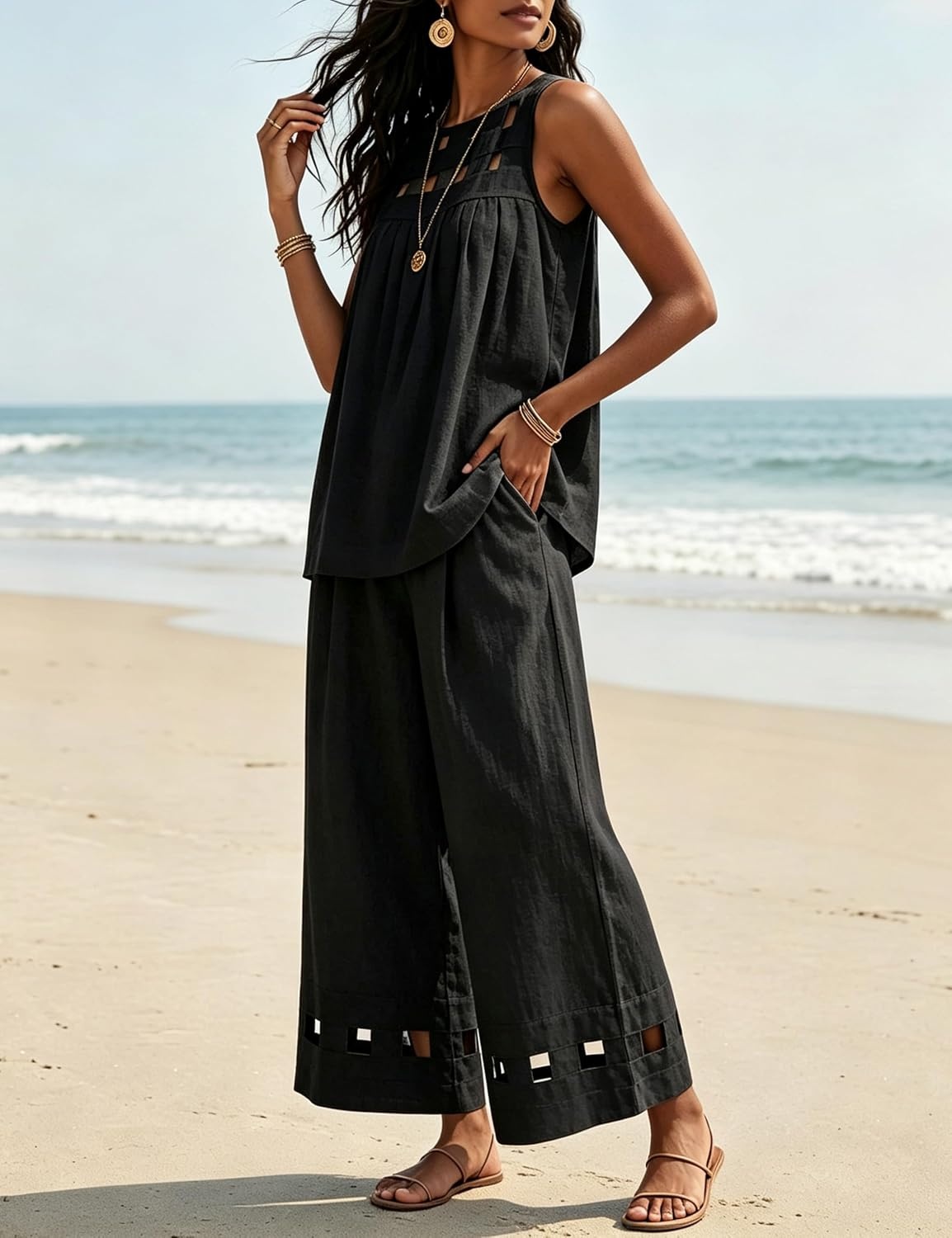 image:imageTanming Womens Casual Cutout Tank Tops Palazzo Pants Set Matching 2 Piece Set Sleeveless Tank Top Breathable Fabric Machine Washable Women Sets Trendy for Vacation DailywearBlack