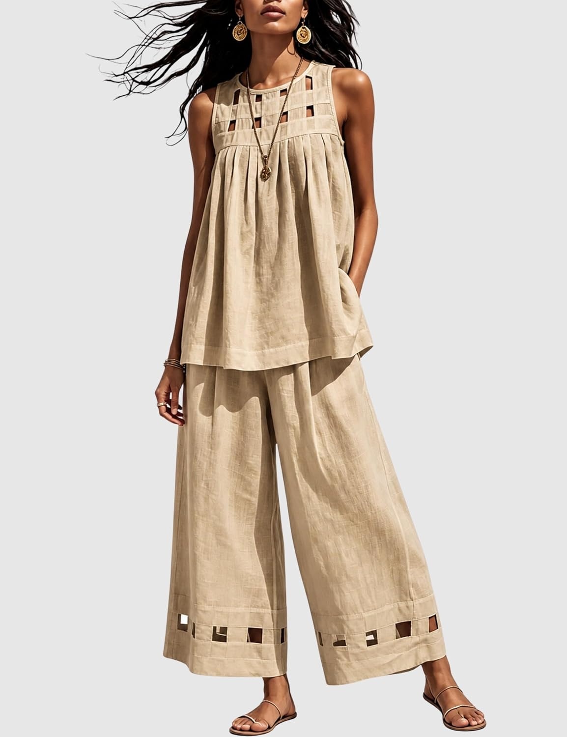 image:imageTanming Womens Casual Cutout Tank Tops Palazzo Pants Set Matching 2 Piece Set Sleeveless Tank Top Breathable Fabric Machine Washable Women Sets Trendy for Vacation DailywearKhaki