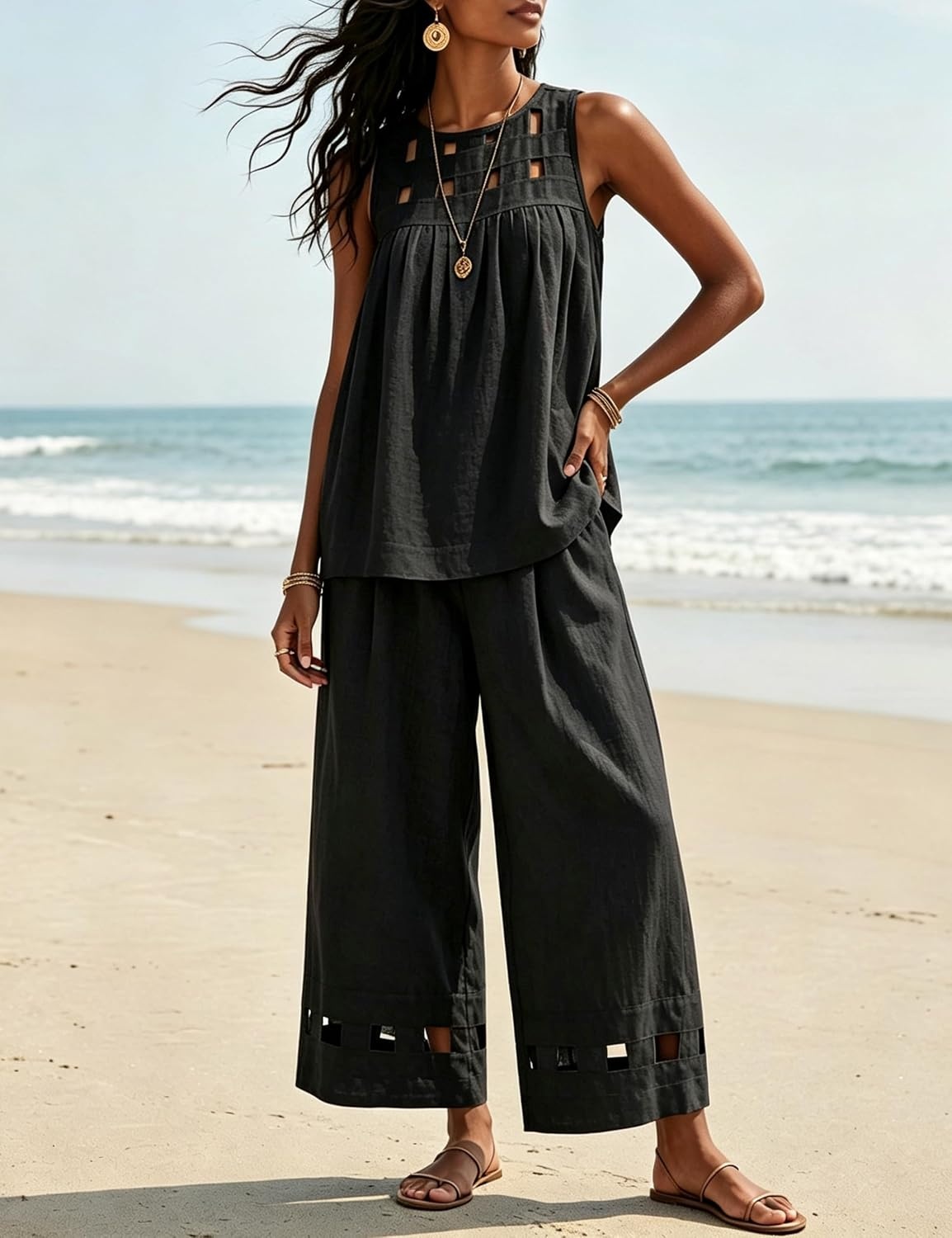 image:imageTanming Womens Casual Cutout Tank Tops Palazzo Pants Set Matching 2 Piece Set Sleeveless Tank Top Breathable Fabric Machine Washable Women Sets Trendy for Vacation DailywearBlack