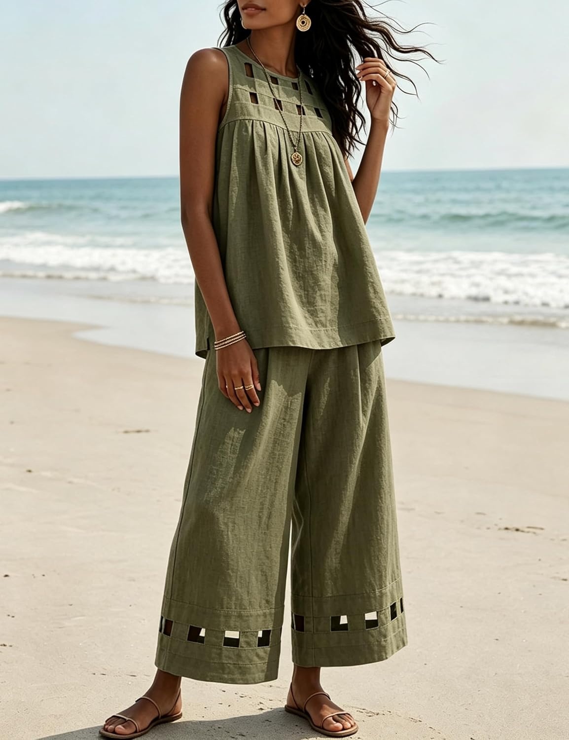 image:imageTanming Womens Casual Cutout Tank Tops Palazzo Pants Set Matching 2 Piece Set Sleeveless Tank Top Breathable Fabric Machine Washable Women Sets Trendy for Vacation DailywearArmygreen