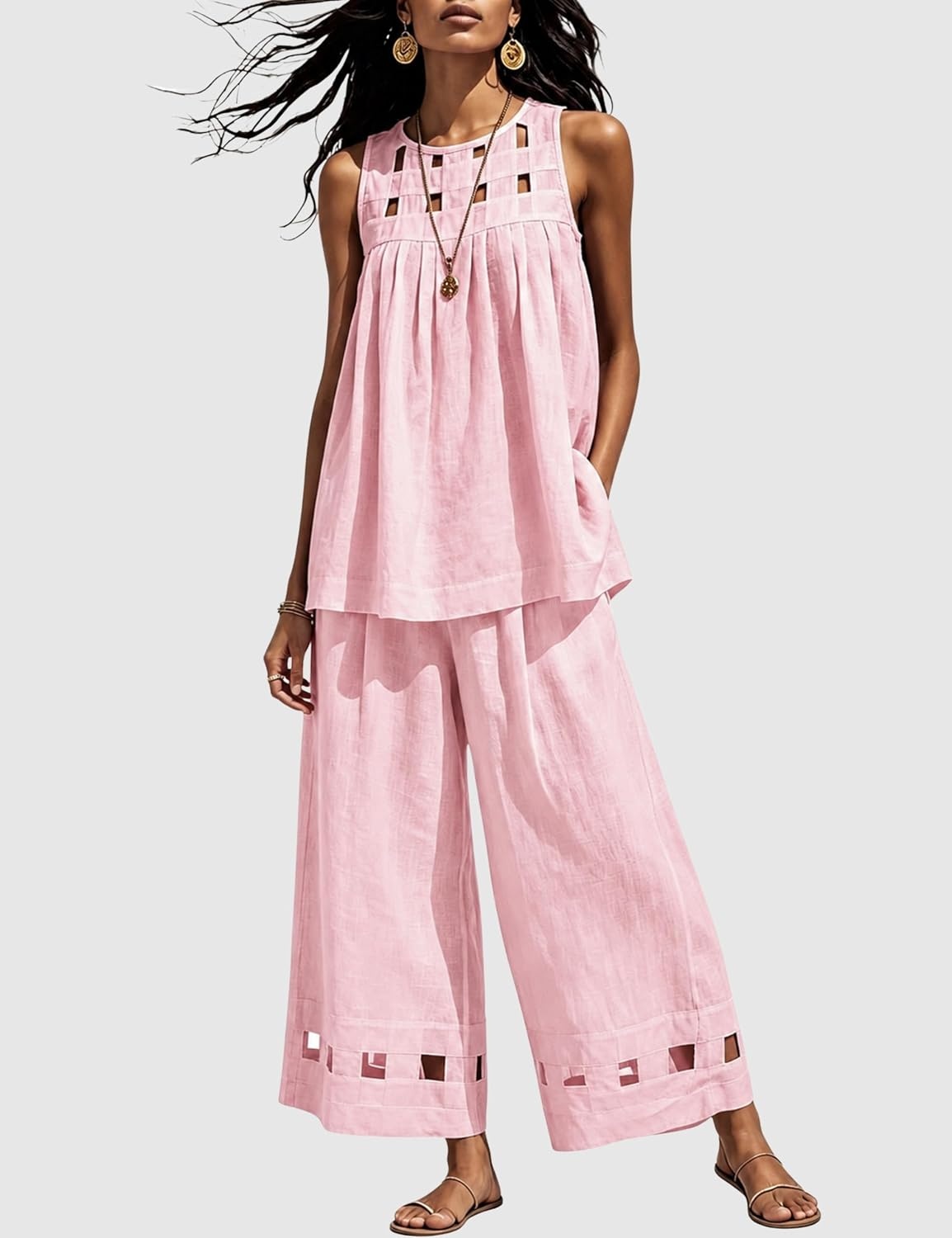 image:imageTanming Womens Casual Cutout Tank Tops Palazzo Pants Set Matching 2 Piece Set Sleeveless Tank Top Breathable Fabric Machine Washable Women Sets Trendy for Vacation DailywearPink
