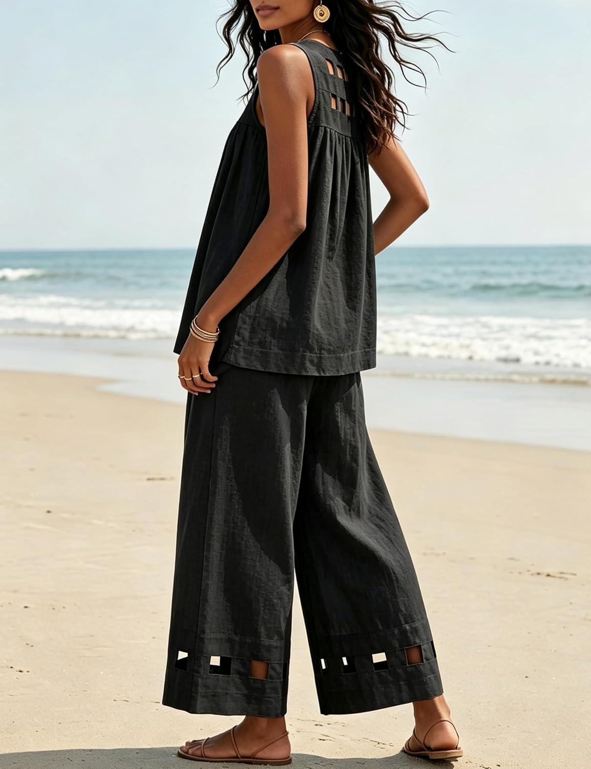 image:imageTanming Womens Casual Cutout Tank Tops Palazzo Pants Set Matching 2 Piece Set Sleeveless Tank Top Breathable Fabric Machine Washable Women Sets Trendy for Vacation DailywearBlack