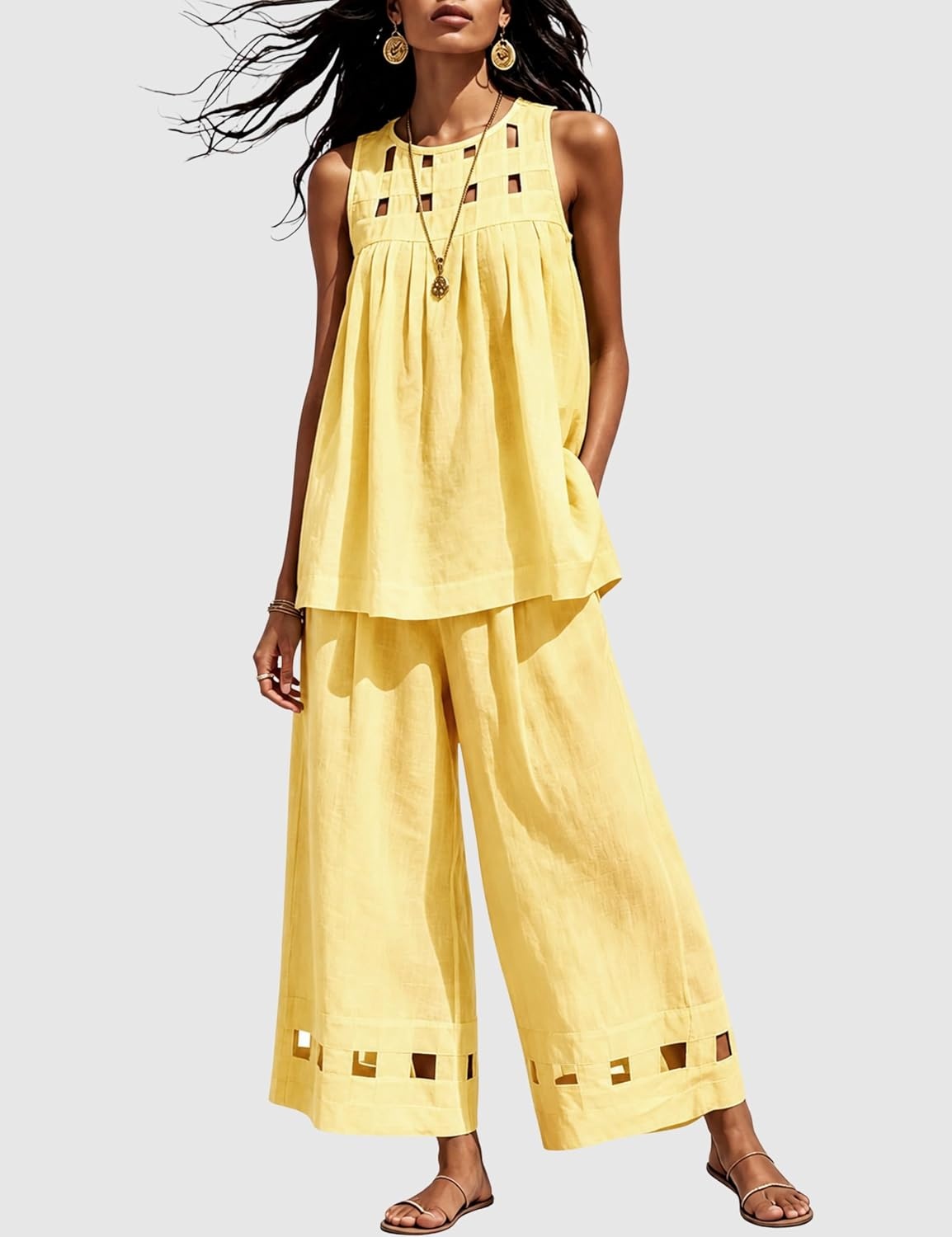 image:imageTanming Womens Casual Cutout Tank Tops Palazzo Pants Set Matching 2 Piece Set Sleeveless Tank Top Breathable Fabric Machine Washable Women Sets Trendy for Vacation DailywearYellow