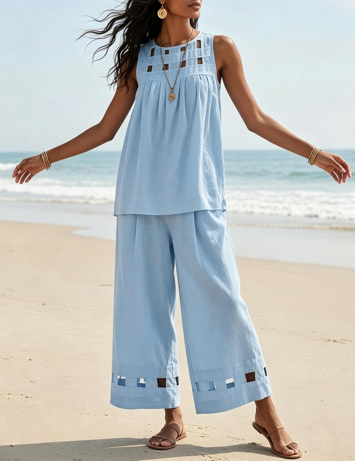 image:imageTanming Womens Casual Cutout Tank Tops Palazzo Pants Set Matching 2 Piece Set Sleeveless Tank Top Breathable Fabric Machine Washable Women Sets Trendy for Vacation DailywearBlue