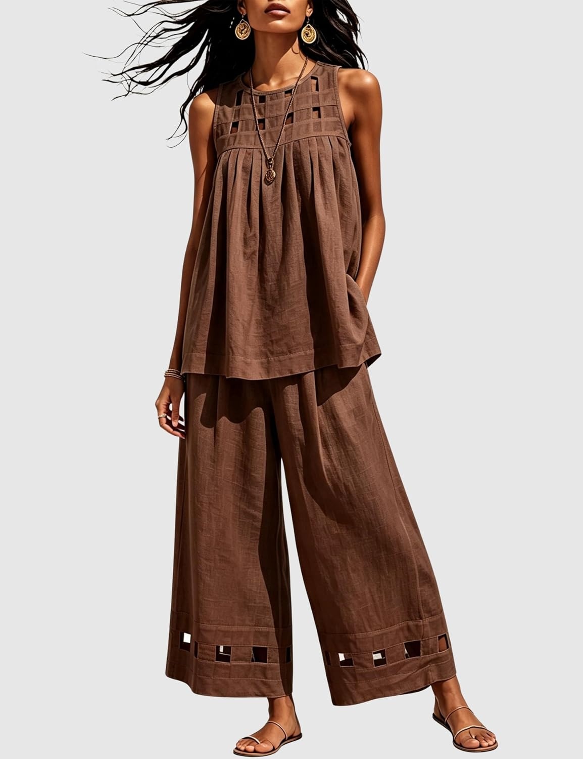 image:imageTanming Womens Casual Cutout Tank Tops Palazzo Pants Set Matching 2 Piece Set Sleeveless Tank Top Breathable Fabric Machine Washable Women Sets Trendy for Vacation DailywearBrown