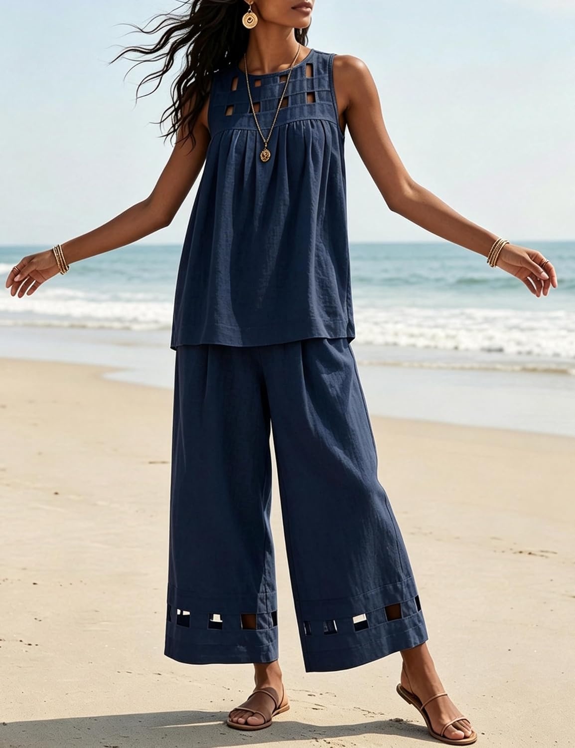 image:imageTanming Womens Casual Cutout Tank Tops Palazzo Pants Set Matching 2 Piece Set Sleeveless Tank Top Breathable Fabric Machine Washable Women Sets Trendy for Vacation DailywearNavy