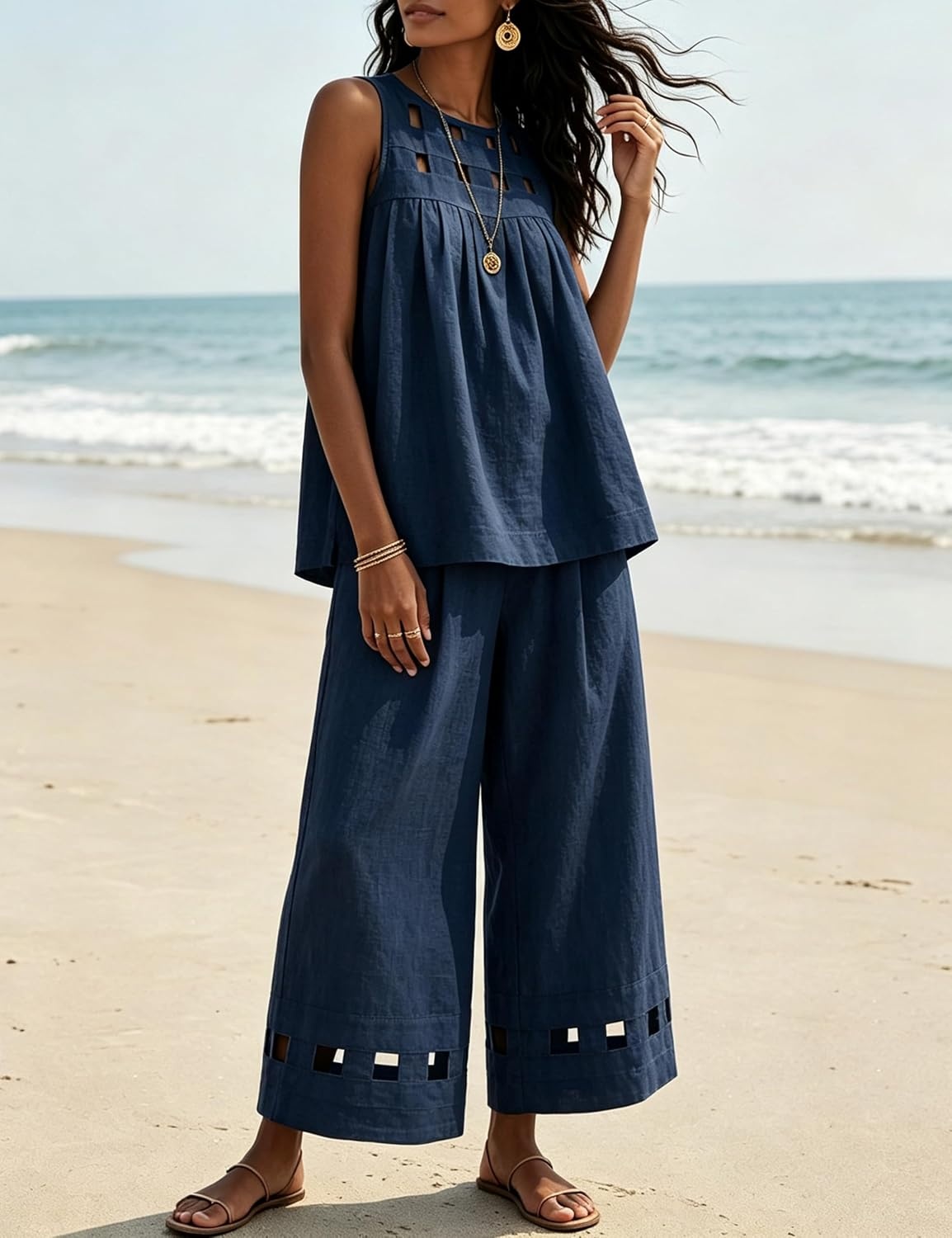 image:imageTanming Womens Casual Cutout Tank Tops Palazzo Pants Set Matching 2 Piece Set Sleeveless Tank Top Breathable Fabric Machine Washable Women Sets Trendy for Vacation DailywearNavy