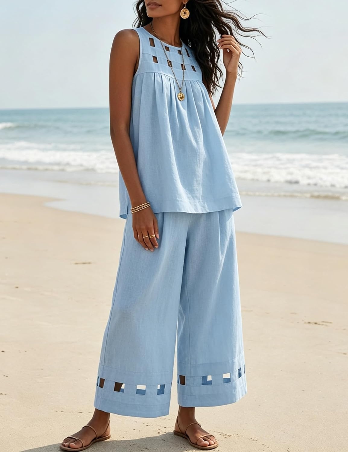 image:imageTanming Womens Casual Cutout Tank Tops Palazzo Pants Set Matching 2 Piece Set Sleeveless Tank Top Breathable Fabric Machine Washable Women Sets Trendy for Vacation DailywearBlue