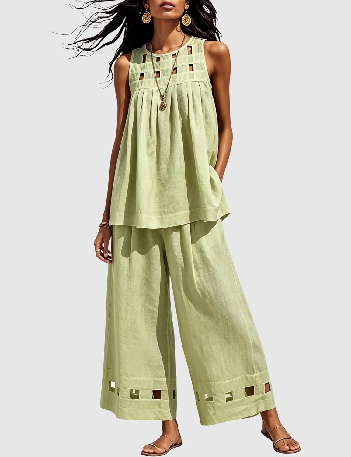 image:imageTanming Womens Casual Cutout Tank Tops Palazzo Pants Set Matching 2 Piece Set Sleeveless Tank Top Breathable Fabric Machine Washable Women Sets Trendy for Vacation DailywearGreen