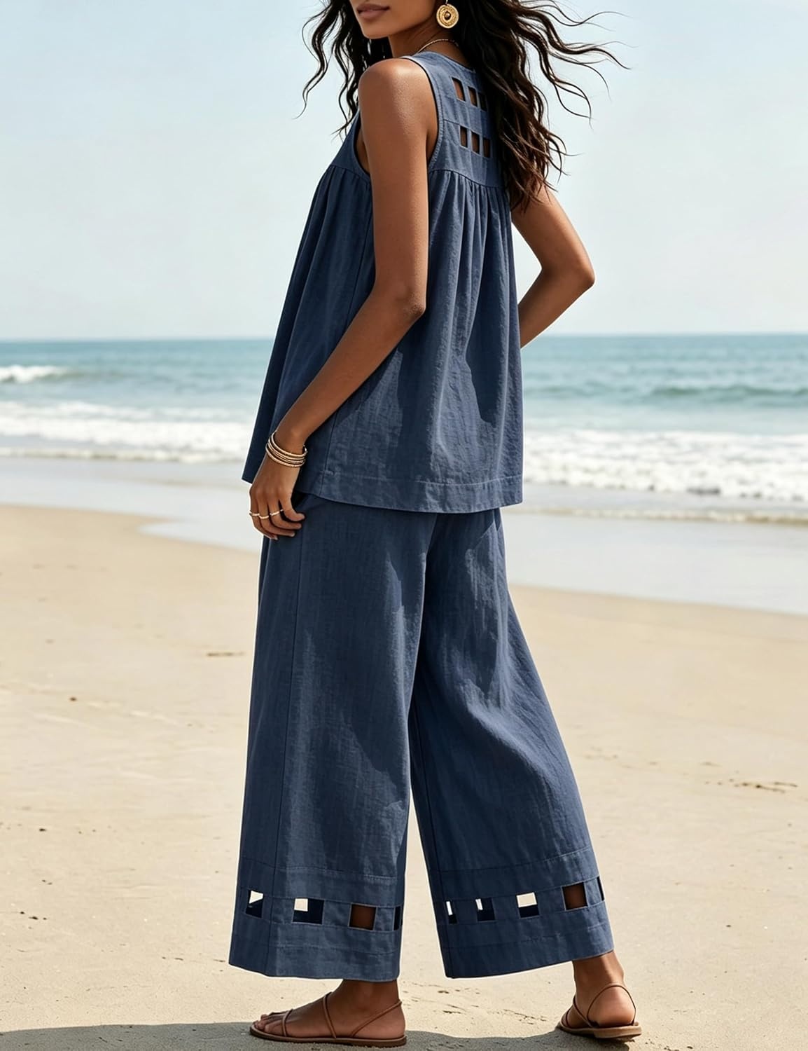 image:imageTanming Womens Casual Cutout Tank Tops Palazzo Pants Set Matching 2 Piece Set Sleeveless Tank Top Breathable Fabric Machine Washable Women Sets Trendy for Vacation DailywearNavy