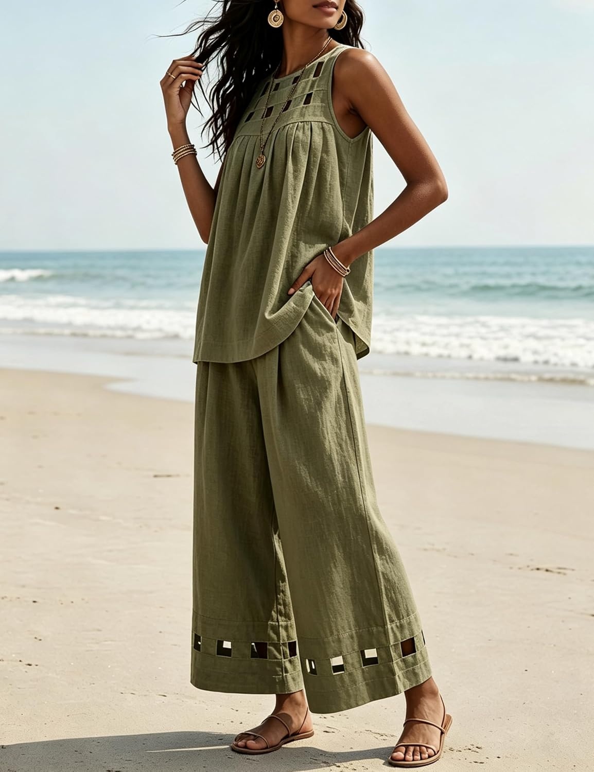image:imageTanming Womens Casual Cutout Tank Tops Palazzo Pants Set Matching 2 Piece Set Sleeveless Tank Top Breathable Fabric Machine Washable Women Sets Trendy for Vacation DailywearArmygreen