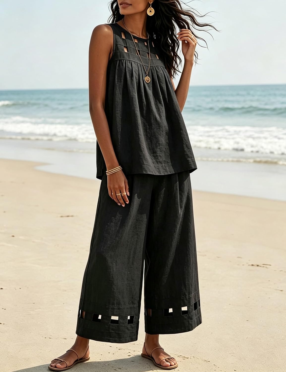 image:imageTanming Womens Casual Cutout Tank Tops Palazzo Pants Set Matching 2 Piece Set Sleeveless Tank Top Breathable Fabric Machine Washable Women Sets Trendy for Vacation DailywearBlack