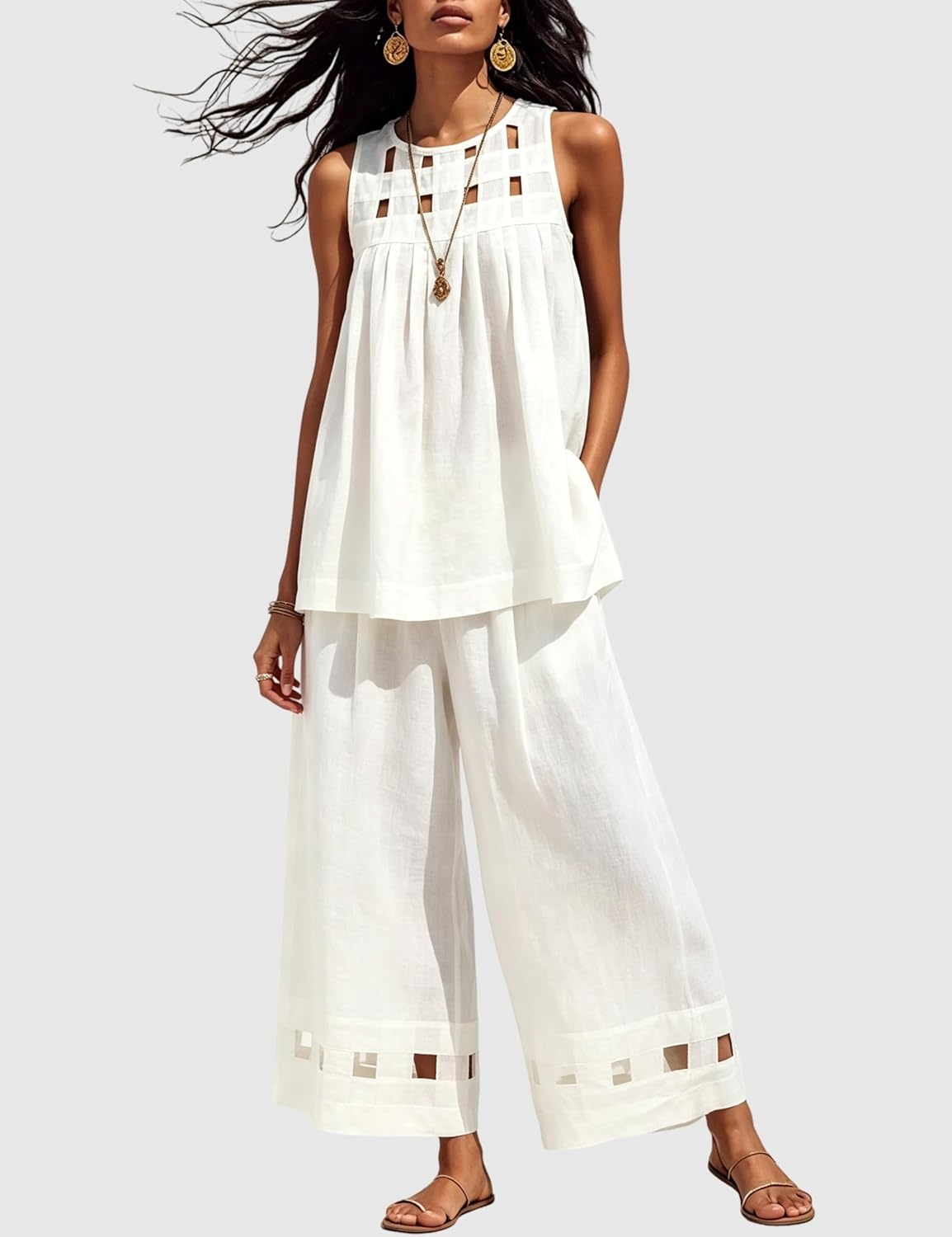 image:imageTanming Womens Casual Cutout Tank Tops Palazzo Pants Set Matching 2 Piece Set Sleeveless Tank Top Breathable Fabric Machine Washable Women Sets Trendy for Vacation DailywearWhite