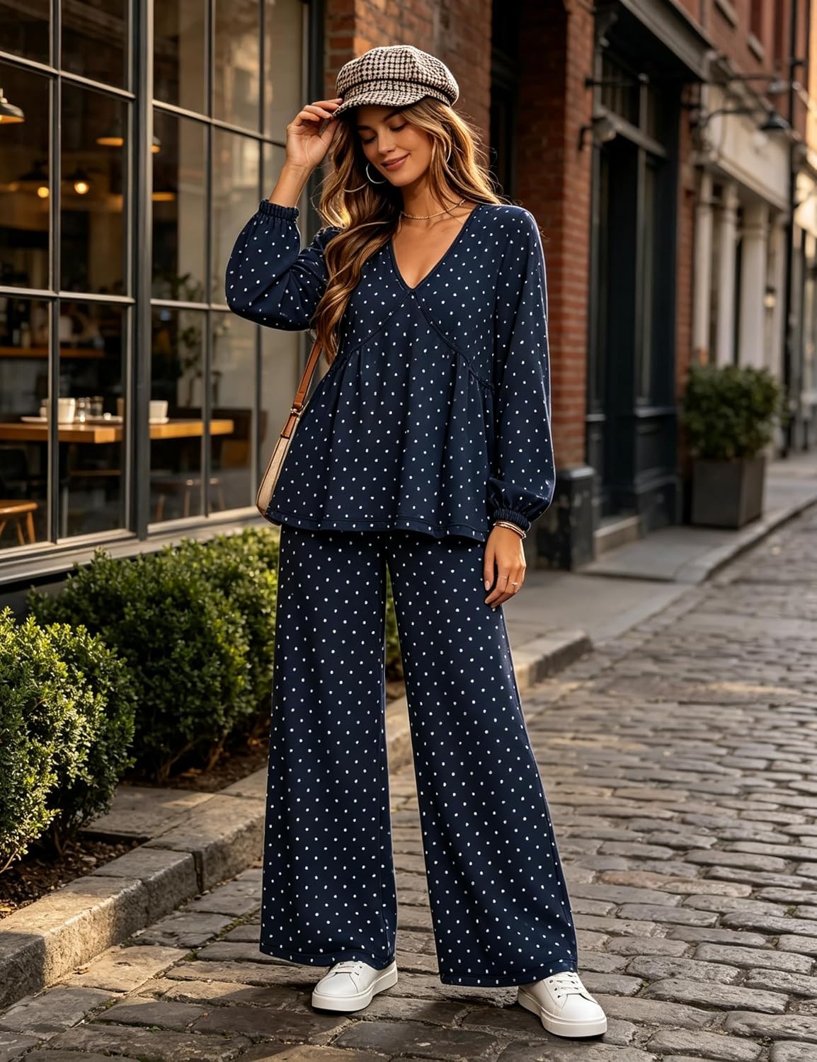 image:imageTanming Womens Polka Dot Set V Neck Peplum Top Palazzo Pants 2 Piece Lounge Set Soft Stretch Fabric Wide Leg Trousers High Elastic Waisted Side Pockets Loose Fit Casual LoungewearNavy