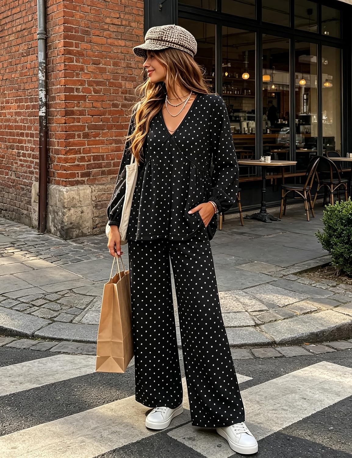 image:imageTanming Womens Polka Dot Set V Neck Peplum Top Palazzo Pants 2 Piece Lounge Set Soft Stretch Fabric Wide Leg Trousers High Elastic Waisted Side Pockets Loose Fit Casual LoungewearBlack
