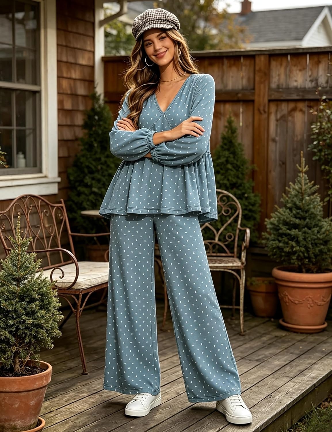 image:imageTanming Womens Polka Dot Set V Neck Peplum Top Palazzo Pants 2 Piece Lounge Set Soft Stretch Fabric Wide Leg Trousers High Elastic Waisted Side Pockets Loose Fit Casual LoungewearBlue Grey