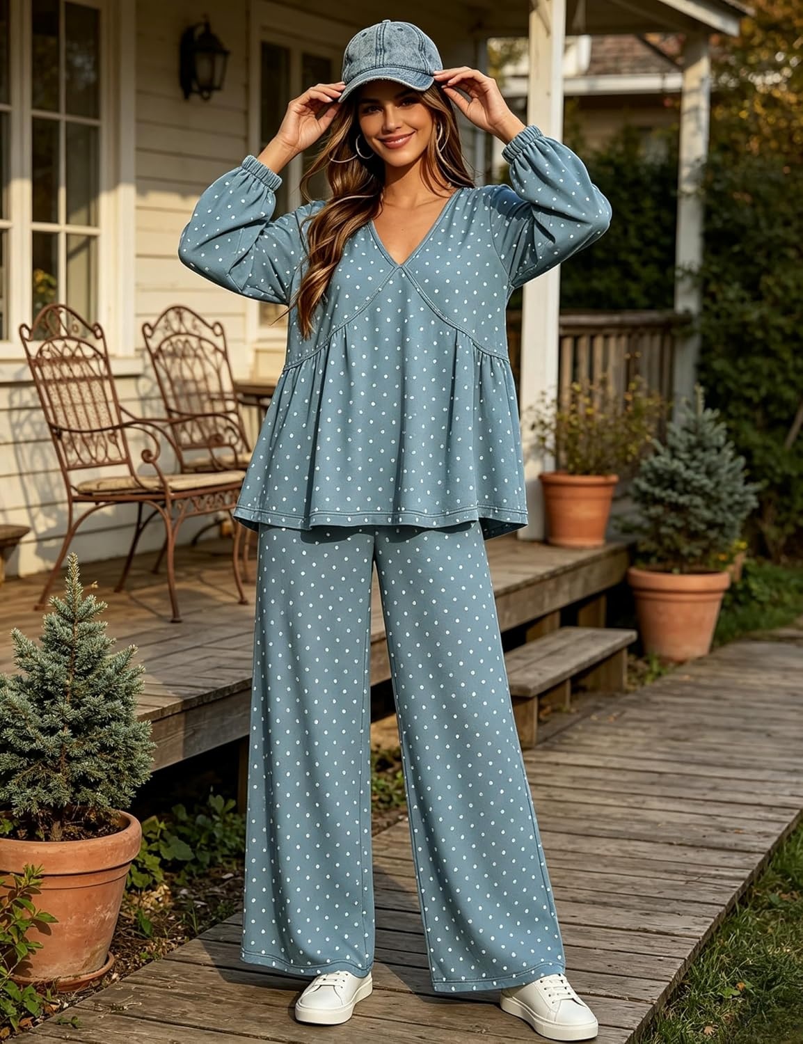 image:imageTanming Womens Polka Dot Set V Neck Peplum Top Palazzo Pants 2 Piece Lounge Set Soft Stretch Fabric Wide Leg Trousers High Elastic Waisted Side Pockets Loose Fit Casual LoungewearBlue Grey