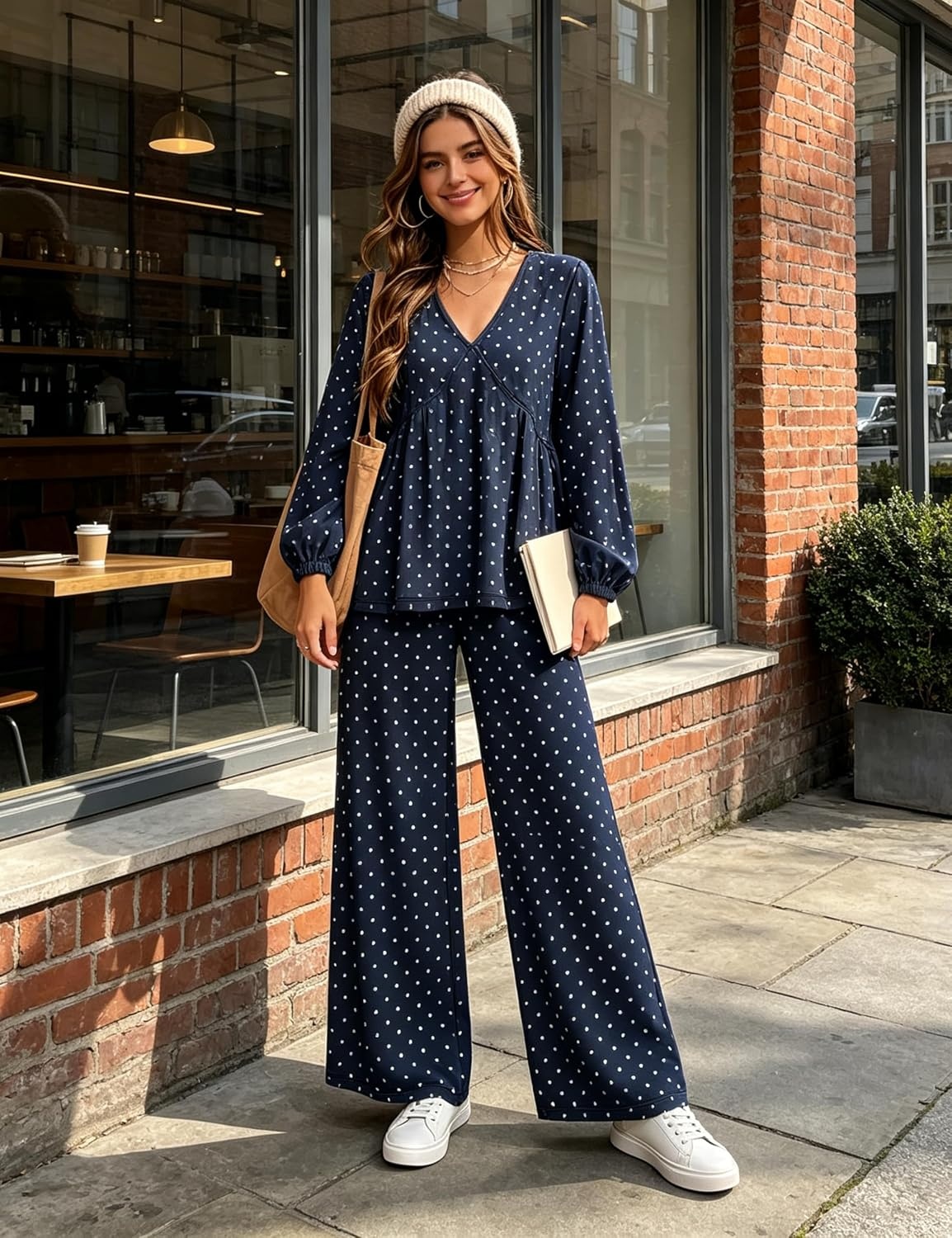 image:imageTanming Womens Polka Dot Set V Neck Peplum Top Palazzo Pants 2 Piece Lounge Set Soft Stretch Fabric Wide Leg Trousers High Elastic Waisted Side Pockets Loose Fit Casual LoungewearNavy