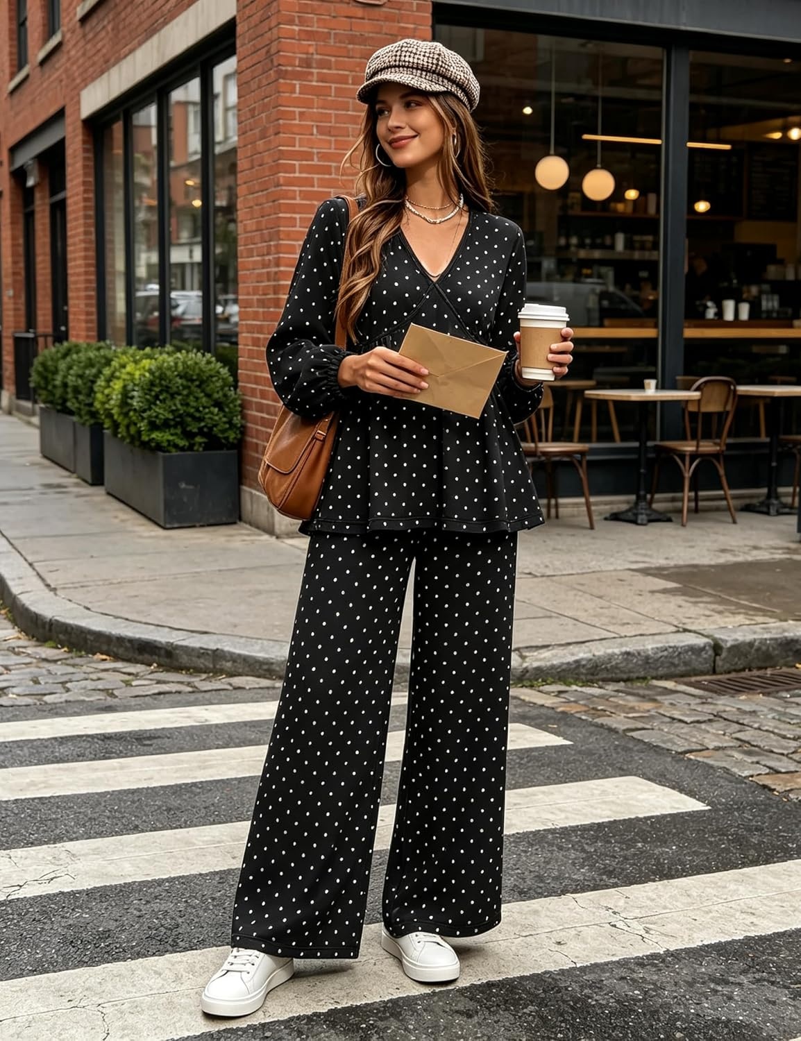 image:imageTanming Womens Polka Dot Set V Neck Peplum Top Palazzo Pants 2 Piece Lounge Set Soft Stretch Fabric Wide Leg Trousers High Elastic Waisted Side Pockets Loose Fit Casual LoungewearBlack
