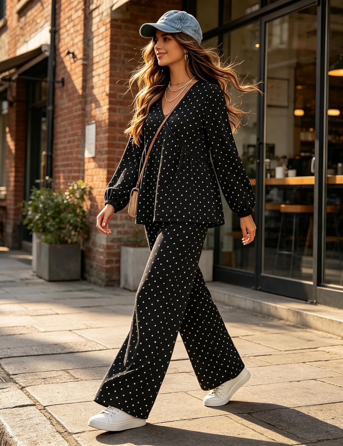 image:imageTanming Womens Polka Dot Set V Neck Peplum Top Palazzo Pants 2 Piece Lounge Set Soft Stretch Fabric Wide Leg Trousers High Elastic Waisted Side Pockets Loose Fit Casual LoungewearBlack