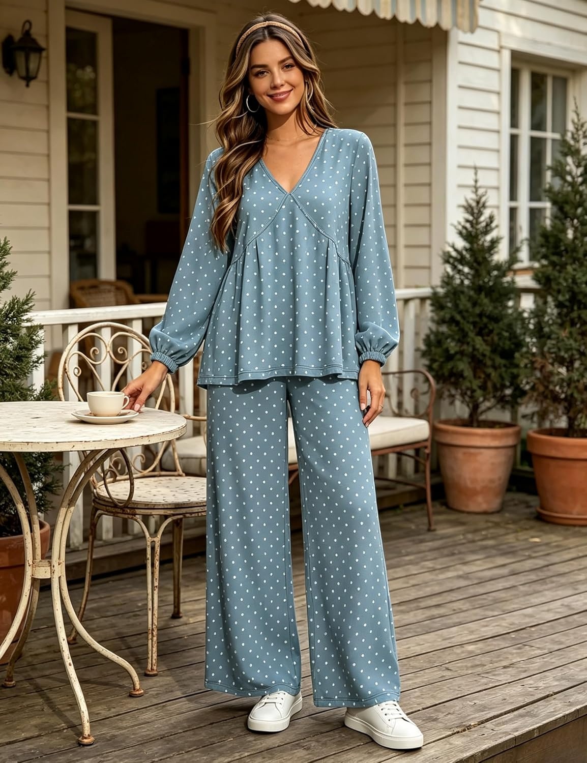 image:imageTanming Womens Polka Dot Set V Neck Peplum Top Palazzo Pants 2 Piece Lounge Set Soft Stretch Fabric Wide Leg Trousers High Elastic Waisted Side Pockets Loose Fit Casual LoungewearBlue Grey