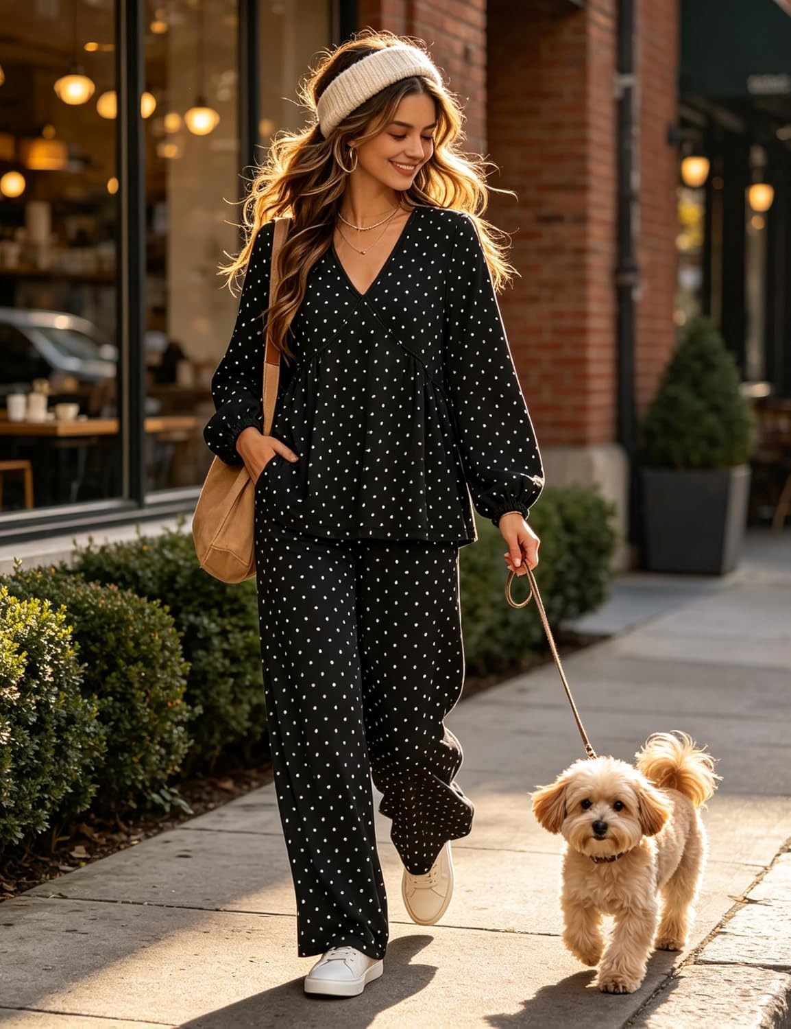 image:imageTanming Womens Polka Dot Set V Neck Peplum Top Palazzo Pants 2 Piece Lounge Set Soft Stretch Fabric Wide Leg Trousers High Elastic Waisted Side Pockets Loose Fit Casual LoungewearBlack