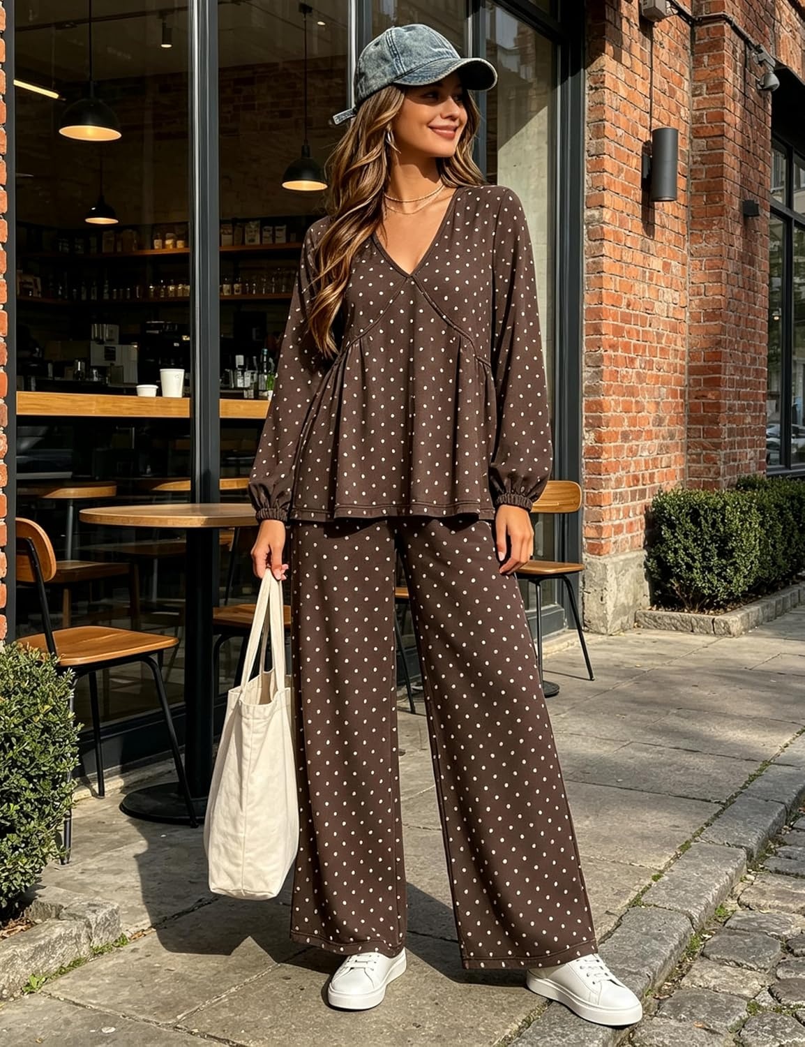 image:imageTanming Womens Polka Dot Set V Neck Peplum Top Palazzo Pants 2 Piece Lounge Set Soft Stretch Fabric Wide Leg Trousers High Elastic Waisted Side Pockets Loose Fit Casual LoungewearCoffee