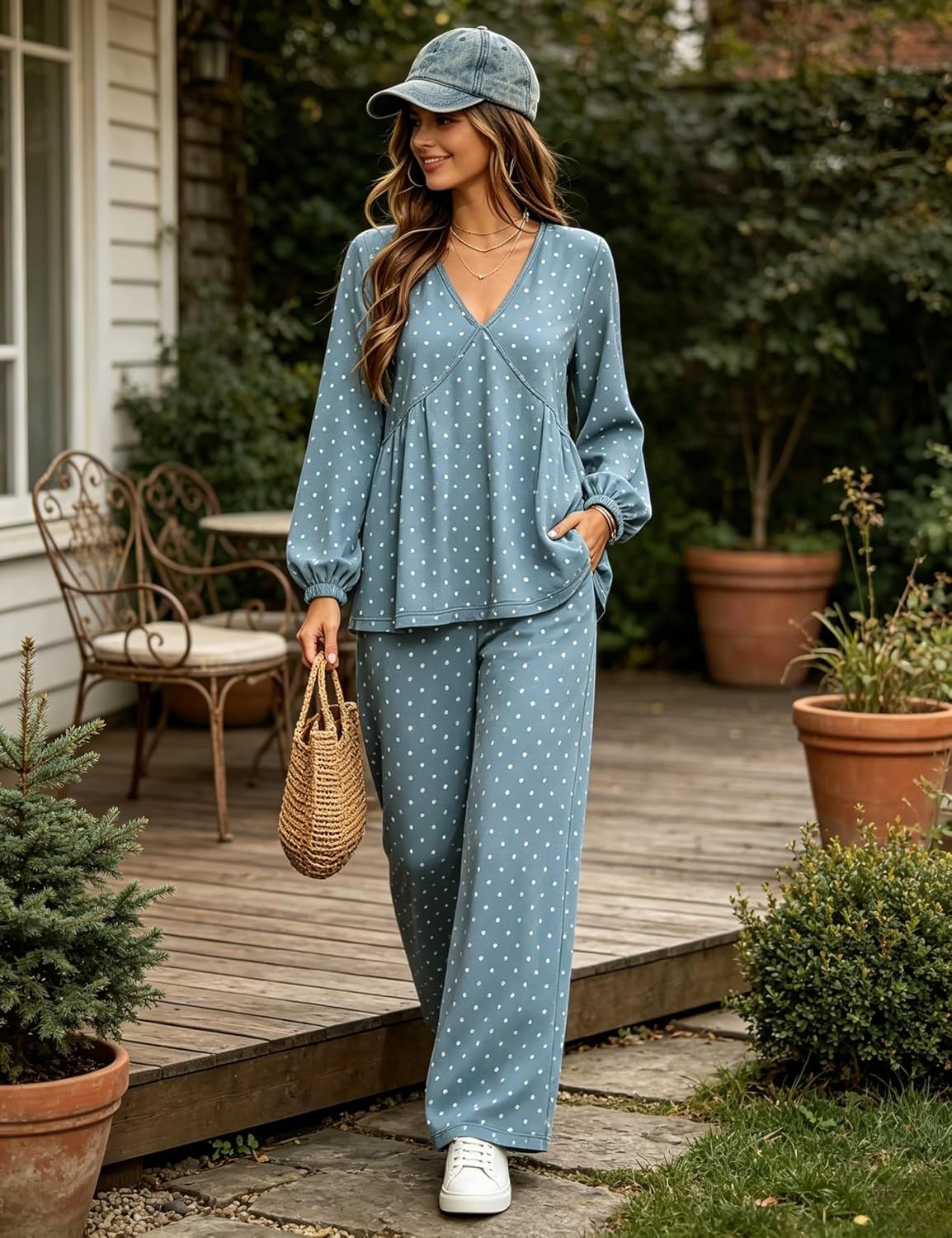 image:imageTanming Womens Polka Dot Set V Neck Peplum Top Palazzo Pants 2 Piece Lounge Set Soft Stretch Fabric Wide Leg Trousers High Elastic Waisted Side Pockets Loose Fit Casual LoungewearBlue Grey