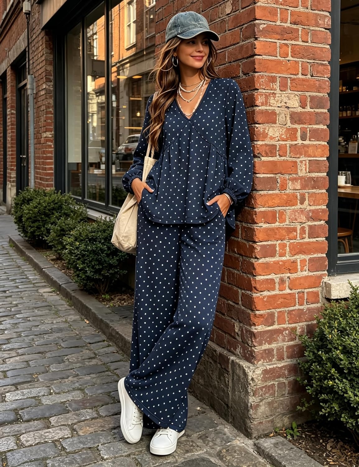 image:imageTanming Womens Polka Dot Set V Neck Peplum Top Palazzo Pants 2 Piece Lounge Set Soft Stretch Fabric Wide Leg Trousers High Elastic Waisted Side Pockets Loose Fit Casual LoungewearNavy