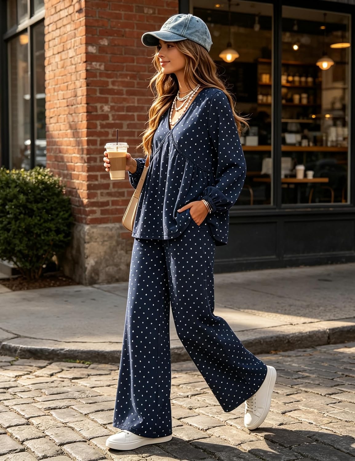 image:imageTanming Womens Polka Dot Set V Neck Peplum Top Palazzo Pants 2 Piece Lounge Set Soft Stretch Fabric Wide Leg Trousers High Elastic Waisted Side Pockets Loose Fit Casual LoungewearNavy