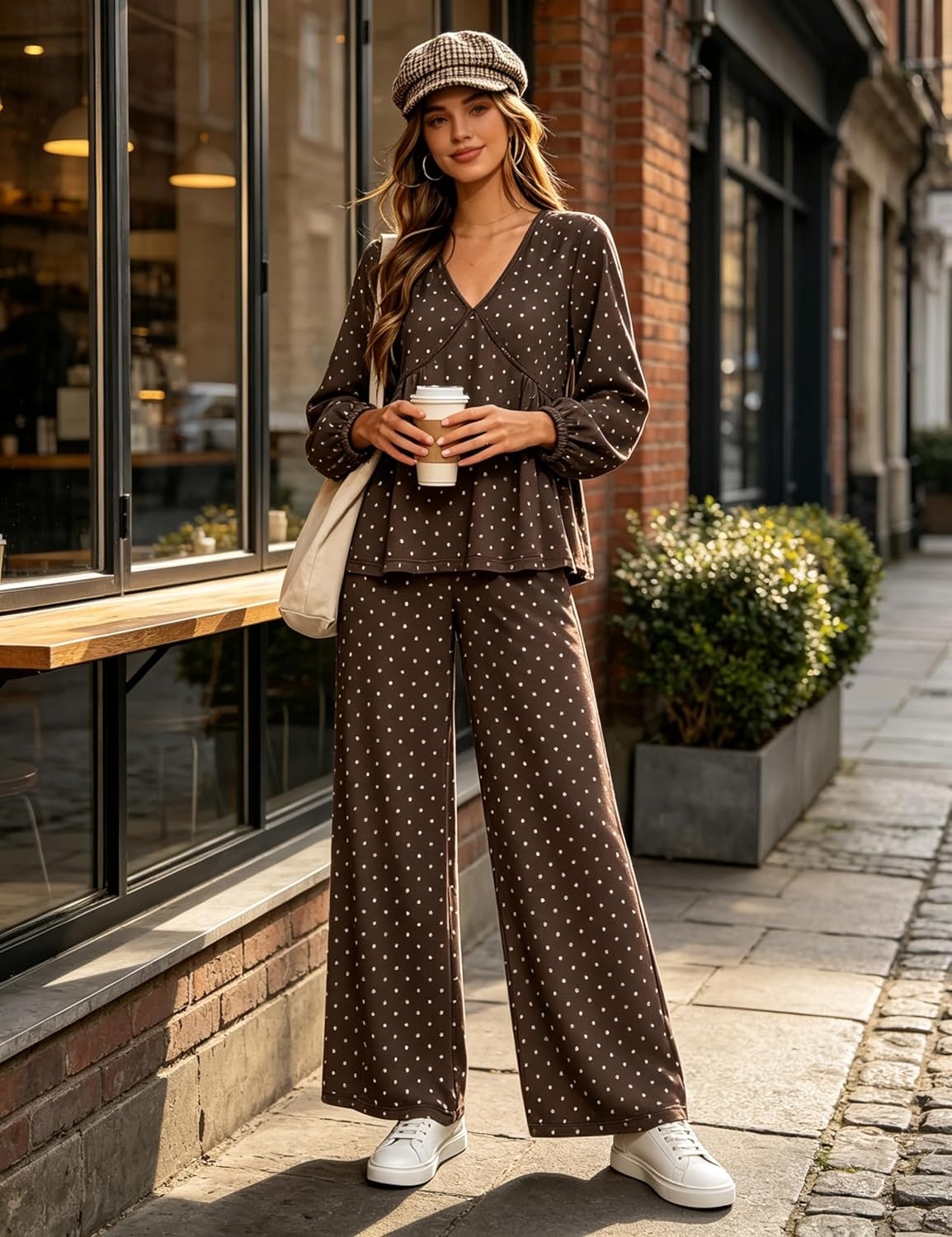 image:imageTanming Womens Polka Dot Set V Neck Peplum Top Palazzo Pants 2 Piece Lounge Set Soft Stretch Fabric Wide Leg Trousers High Elastic Waisted Side Pockets Loose Fit Casual LoungewearCoffee