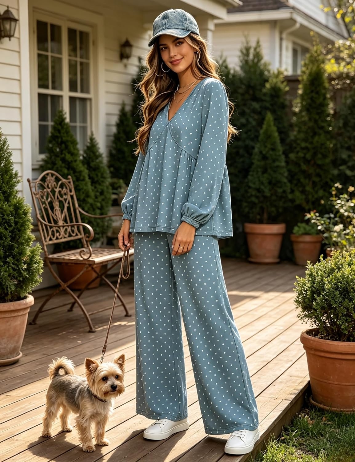 image:imageTanming Womens Polka Dot Set V Neck Peplum Top Palazzo Pants 2 Piece Lounge Set Soft Stretch Fabric Wide Leg Trousers High Elastic Waisted Side Pockets Loose Fit Casual LoungewearBlue Grey