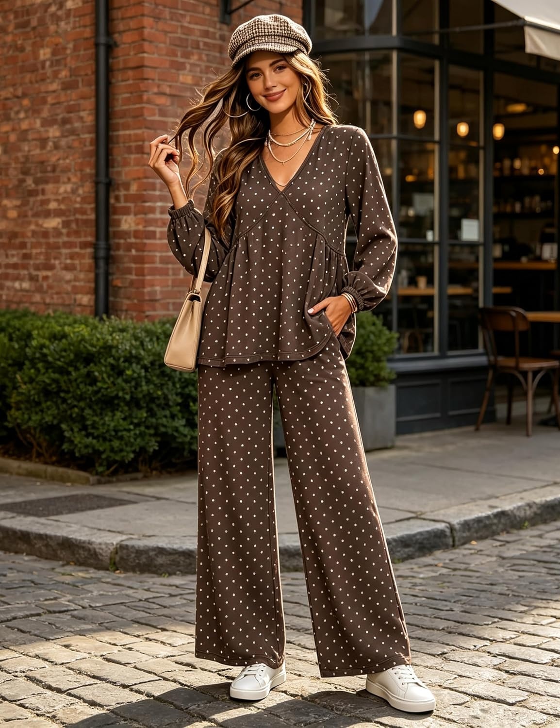 image:imageTanming Womens Polka Dot Set V Neck Peplum Top Palazzo Pants 2 Piece Lounge Set Soft Stretch Fabric Wide Leg Trousers High Elastic Waisted Side Pockets Loose Fit Casual LoungewearCoffee