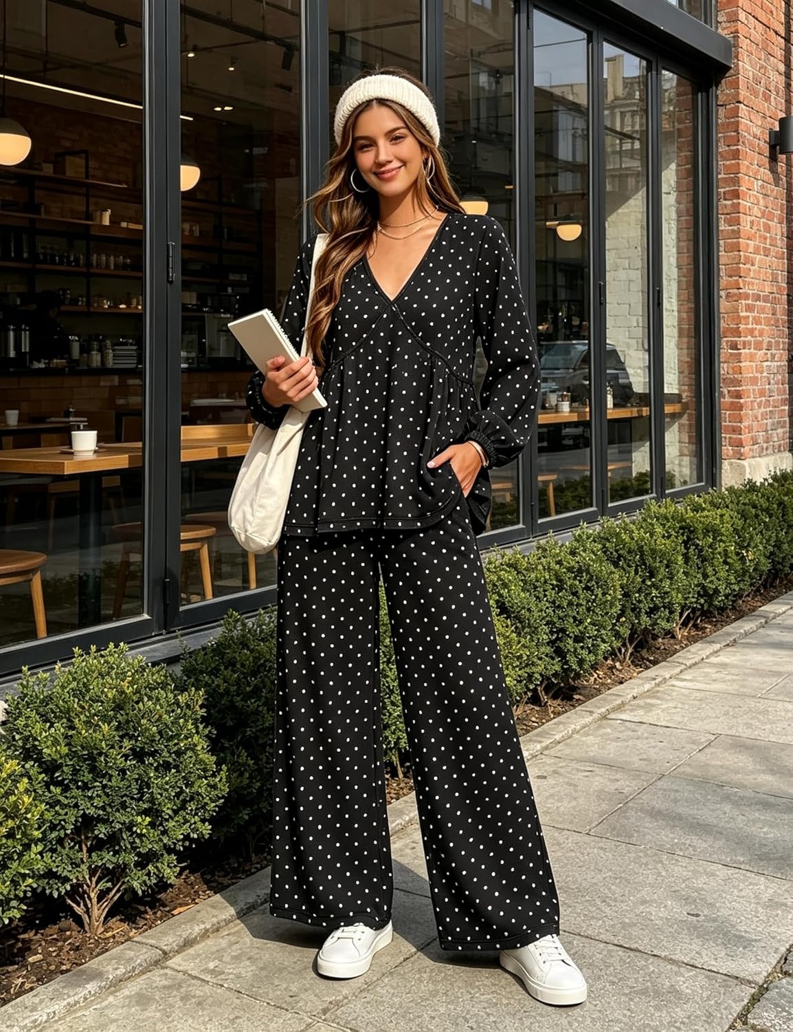 image:imageTanming Womens Polka Dot Set V Neck Peplum Top Palazzo Pants 2 Piece Lounge Set Soft Stretch Fabric Wide Leg Trousers High Elastic Waisted Side Pockets Loose Fit Casual LoungewearBlack