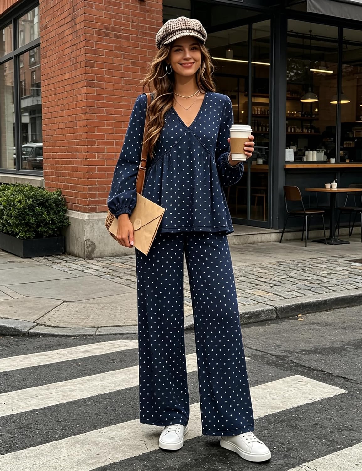 image:imageTanming Womens Polka Dot Set V Neck Peplum Top Palazzo Pants 2 Piece Lounge Set Soft Stretch Fabric Wide Leg Trousers High Elastic Waisted Side Pockets Loose Fit Casual LoungewearNavy