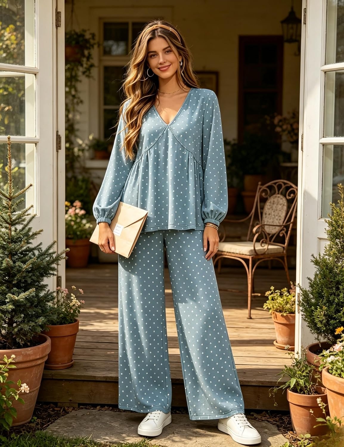 image:imageTanming Womens Polka Dot Set V Neck Peplum Top Palazzo Pants 2 Piece Lounge Set Soft Stretch Fabric Wide Leg Trousers High Elastic Waisted Side Pockets Loose Fit Casual LoungewearBlue Grey