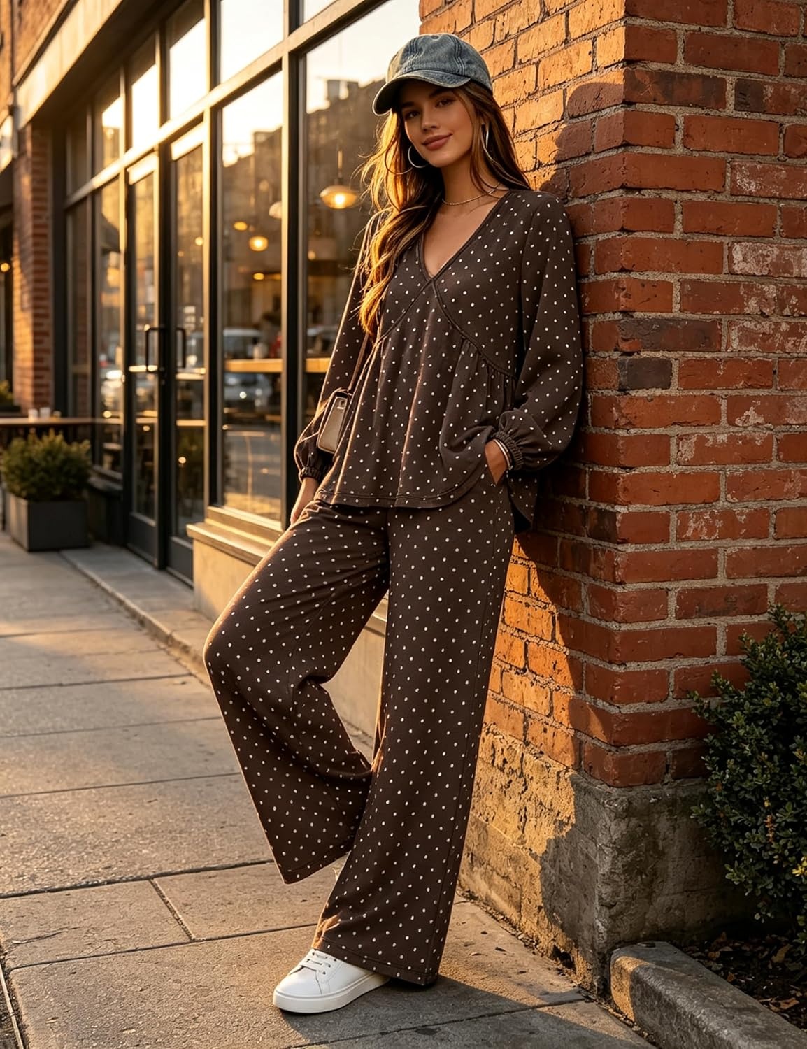 image:imageTanming Womens Polka Dot Set V Neck Peplum Top Palazzo Pants 2 Piece Lounge Set Soft Stretch Fabric Wide Leg Trousers High Elastic Waisted Side Pockets Loose Fit Casual LoungewearCoffee