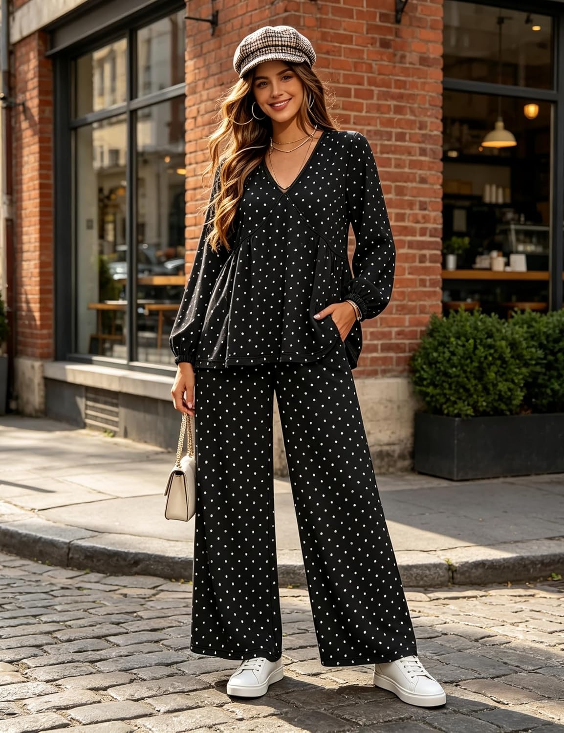 image:imageTanming Womens Polka Dot Set V Neck Peplum Top Palazzo Pants 2 Piece Lounge Set Soft Stretch Fabric Wide Leg Trousers High Elastic Waisted Side Pockets Loose Fit Casual LoungewearBlack