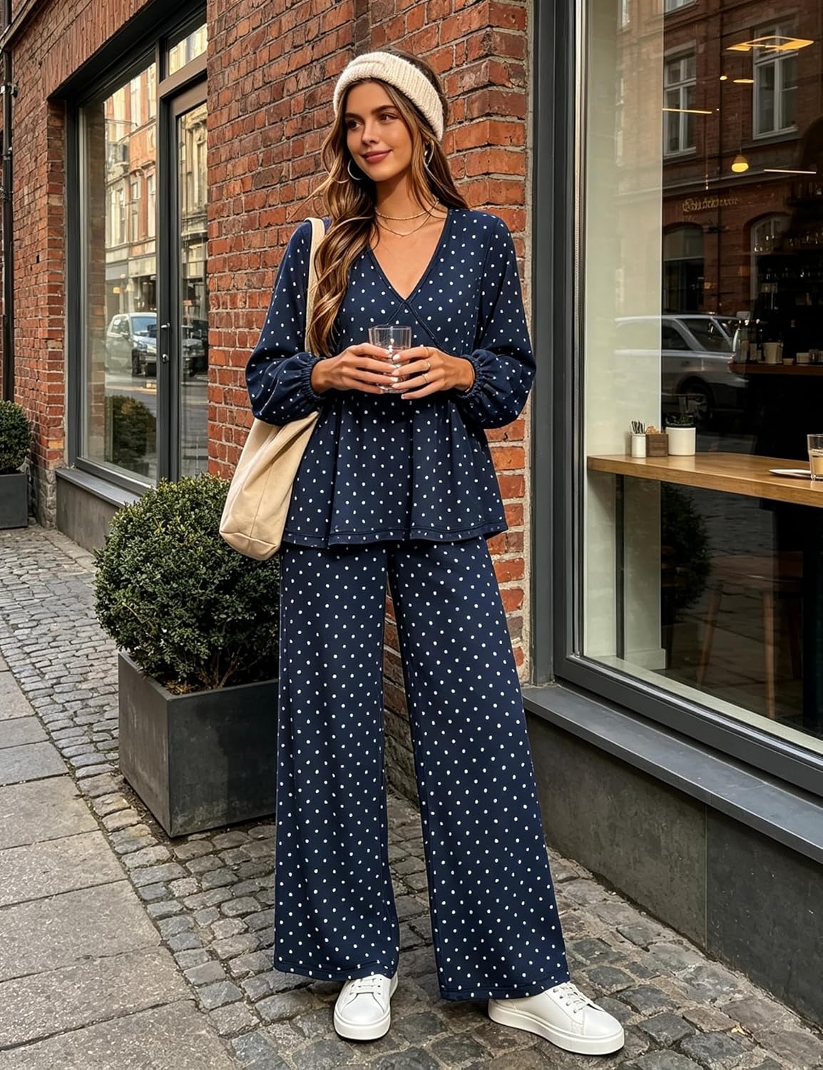 image:imageTanming Womens Polka Dot Set V Neck Peplum Top Palazzo Pants 2 Piece Lounge Set Soft Stretch Fabric Wide Leg Trousers High Elastic Waisted Side Pockets Loose Fit Casual LoungewearNavy