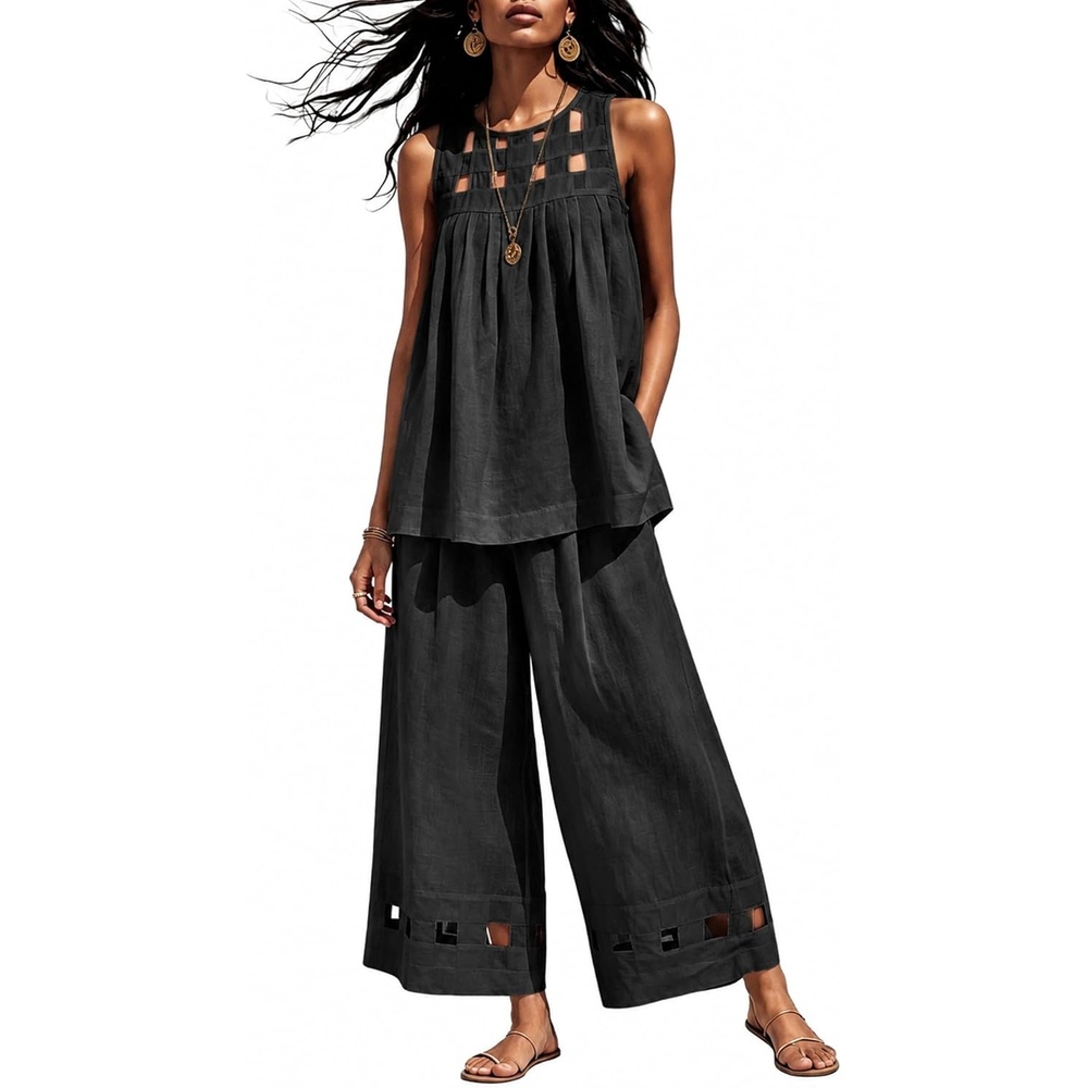 image:imageTanming Womens Casual Cutout Tank Tops Palazzo Pants Set Matching 2 Piece Set Sleeveless Tank Top Breathable Fabric Machine Washable Women Sets Trendy for Vacation DailywearBlack