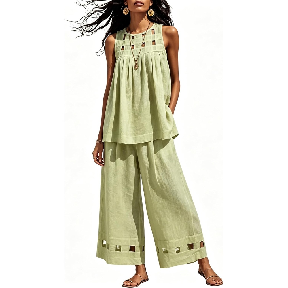 image:imageTanming Womens Casual Cutout Tank Tops Palazzo Pants Set Matching 2 Piece Set Sleeveless Tank Top Breathable Fabric Machine Washable Women Sets Trendy for Vacation DailywearGreen