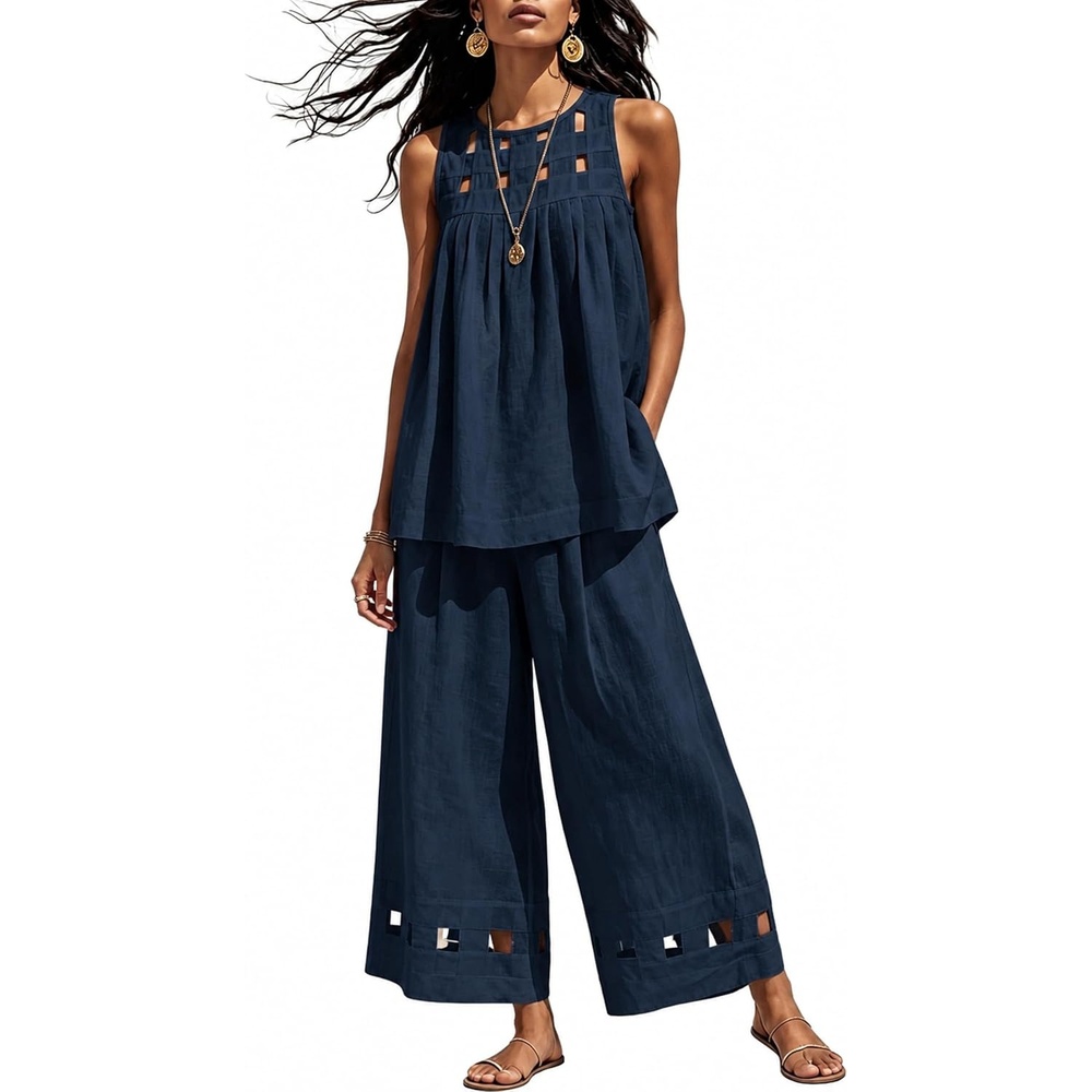 image:imageTanming Womens Casual Cutout Tank Tops Palazzo Pants Set Matching 2 Piece Set Sleeveless Tank Top Breathable Fabric Machine Washable Women Sets Trendy for Vacation DailywearNavy